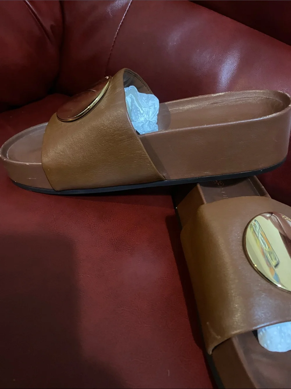 Tory Burch Brown Leather Platform Slide Sandals with Gold Accent